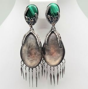 Alexis Bittar Gray Lucite and Malachite Glass Feather Earrings Clip On Silver